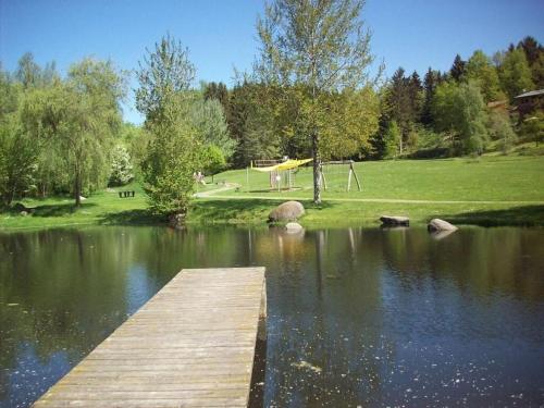 a wooden bridge over a lake with a park at Holiday home Sterl in Eppenschlag in Eppenschlag