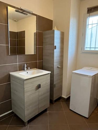 une salle de bain avec un lavabo et un miroir dans l'établissement Maison avec jardin, à Patrimonio