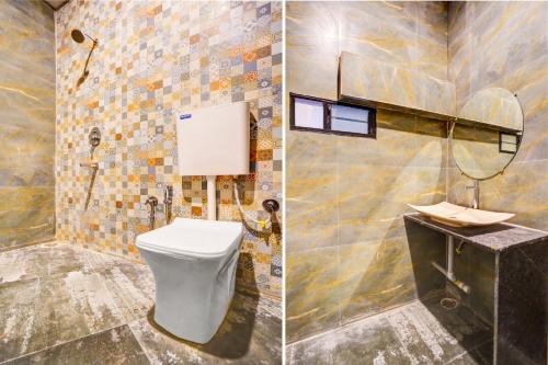 two pictures of a bathroom with a toilet and a sink at OYO THE VANTAGE INN in Nagpur