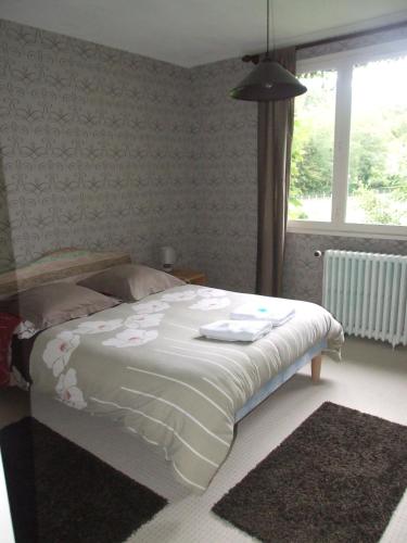 a bedroom with a bed with a white comforter and a window at Chambres d'hotes du Port Gautier in Vouvray-sur-Loir