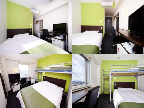 a collage of four pictures of a hotel room at Super Hotel Tozai line Ichikawa Myoden Ekimae in Ichikawa