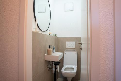 a bathroom with a toilet and a mirror at SCHLOSSBERG RESIDENCES - Design City-Apartment im Herzen der Weinstraße in Neustadt an der Weinstraße