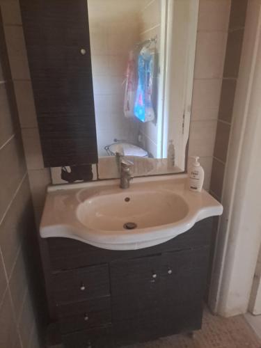 La salle de bains est pourvue d'un lavabo et d'un miroir. dans l'établissement OLIVE VILA GEORGIA, à Filiatra