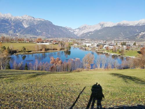 a shadow of a man standing in a field next to a lake at Ferienwohnung Fürstauhof in Fürstau