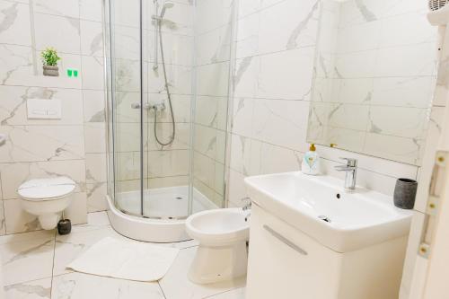 y baño con ducha, aseo y lavamanos. en Luxury Lazar Towers Palas Mall Area en Iaşi
