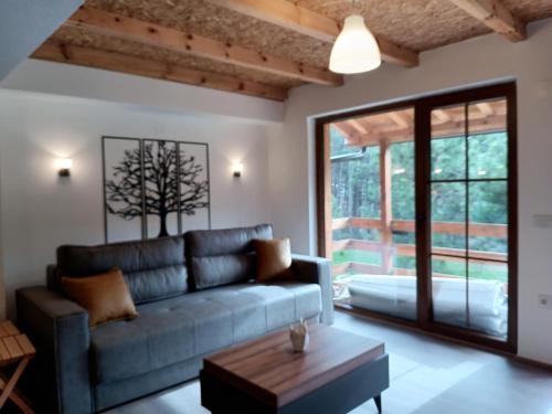 ein Wohnzimmer mit einem Sofa und einem Tisch in der Unterkunft Anita`s home in Ohrid
