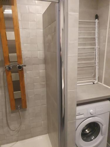 La salle de bains est pourvue d'un lave-linge et d'une douche. dans l'établissement Maison plain pied avec jardin, à Villeneuve-le-Roi