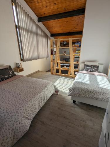 une chambre avec deux lits et un plafond en bois dans l'établissement Gîte Reflets de Montagnes, à Tarascon-sur-Ariège