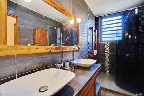a bathroom with a sink and a mirror at La Villa du Patio Parenthèse familiale Piscine 4 in Saint-Pierre