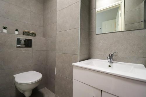 W łazience znajduje się toaleta, umywalka i lustro. w obiekcie Inviting 2-Bed Apartment in Dublin w Dublinie