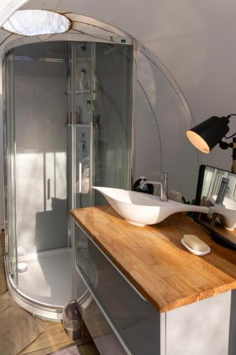 La salle de bains est pourvue d'un lavabo au-dessus d'un comptoir. dans l'établissement Au Calme Absolu chez Nicolas, à Lindry