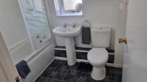 a bathroom with a toilet and a sink and a shower at 2 Bedroom 1st floor flat Brean in Brean