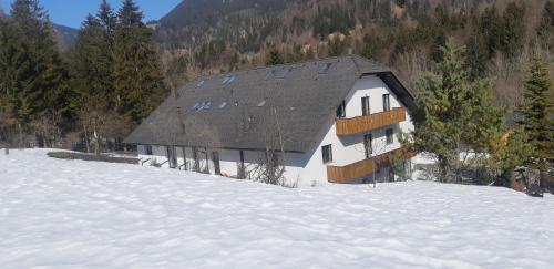 una casa en la nieve en un campo cubierto de nieve en Sunny place en Kranjska Gora