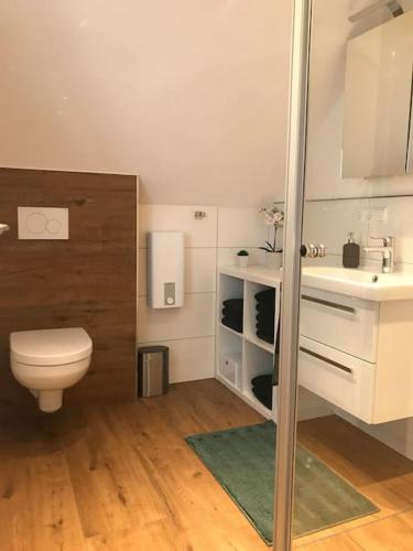 a bathroom with a toilet and a sink at Ferienwohnung Brennerei Stilling in Bad Mergentheim