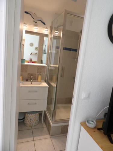ein Bad mit einer Dusche und einem Waschbecken in der Unterkunft AGREABLE REZ DE JARDIN AVEC TERRASSE PROCHE PLAGE in Saint-Georges-de-Didonne