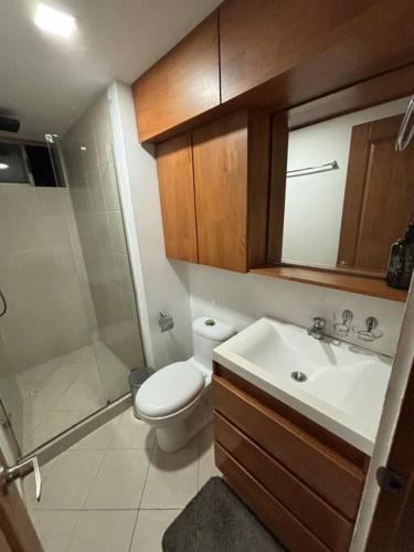 W łazience znajduje się toaleta, umywalka i prysznic. w obiekcie Hermoso apartamento en Sabaneta w mieście Sabaneta