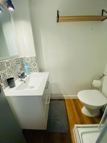ein Badezimmer mit einem weißen Waschbecken und einem WC in der Unterkunft Studio in Cauterets