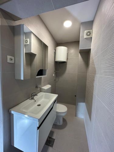a bathroom with a white sink and a toilet at Apartmani Simona in Budva