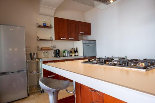 a kitchen with a counter with a stove and a refrigerator at Villa La Gorgone in Taormina