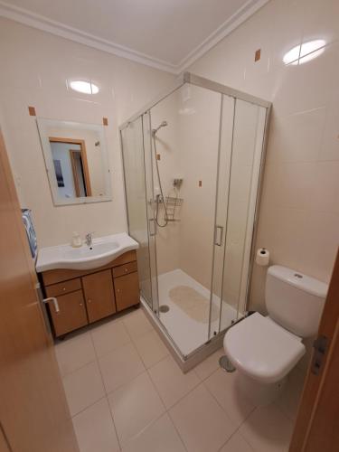 y baño con ducha, aseo y lavamanos. en Apt. Brightness & Comfort, en Burgau