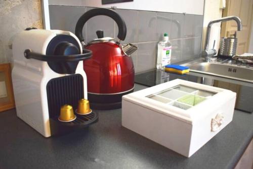 - un comptoir de cuisine avec une bouilloire à thé à côté d'un évier dans l'établissement Centre Palais des Papes-Balcon B1 Clim - 123avignon, à Avignon
