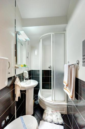 a bathroom with a shower and a sink and a toilet at Villa Forever in Belgrade