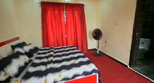 een slaapkamer met een bed en een rood gordijn bij DULCE HOMES 2 BEDROOM FURNISHED SHORT LET in Abeokuta