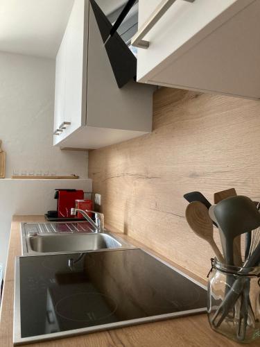 a kitchen with a stainless steel sink and white cabinets at Leitner Häusl Heiligenblut in Heiligenblut
