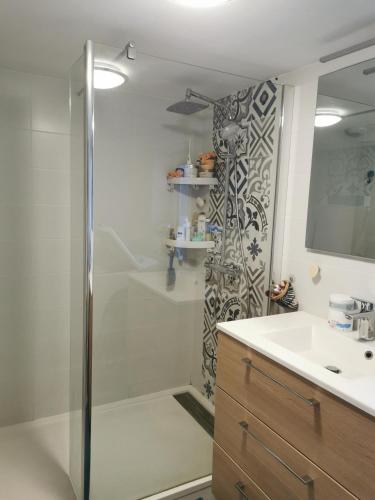 een badkamer met een douche en een wastafel bij CHAMBRE LIT DOUBLE in Montbizot