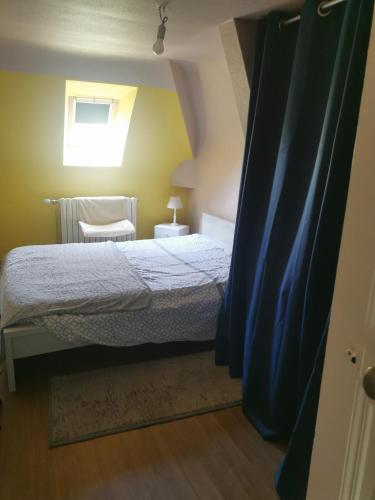 een slaapkamer met een bed met een blauw gordijn bij CHAMBRE LIT DOUBLE in Montbizot