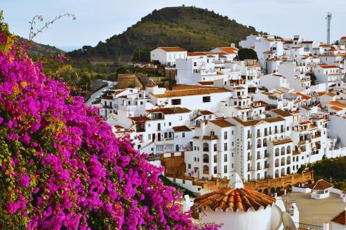 a view of a town with white buildings and pink flowers at Hotel Villa Frigiliana in Frigiliana