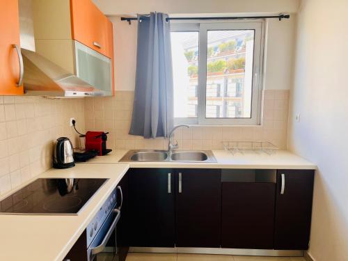 Elle comprend une petite cuisine avec un évier et une fenêtre. dans l'établissement Elvita Apartments 2, à Athènes