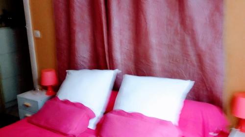 a bedroom with pink and white pillows and a red curtain at Toit pour Vous Chambre d'hôtes in Paris