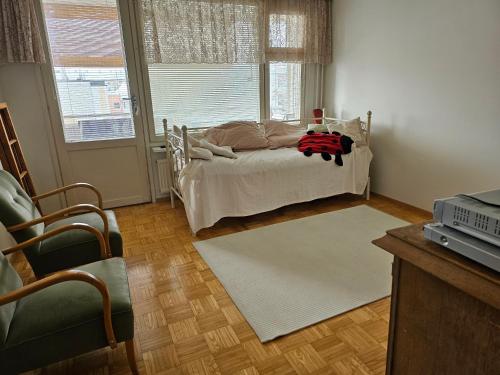 Savonlinnan keskusta في سافونلينّا: غرفة نوم بسرير ونافذة كبيرة