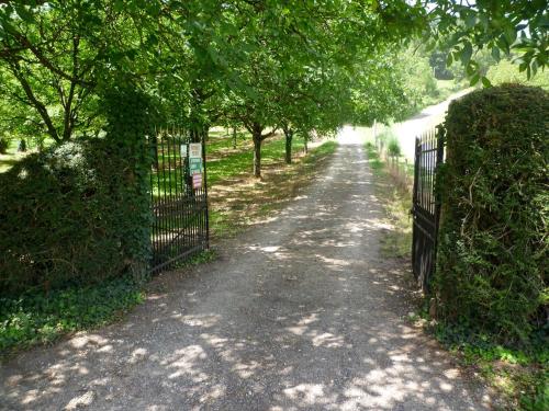 un chemin de terre avec une clôture et des arbres dans l'établissement Les 10 Clés de Montfort/Piscine, à Vitrac