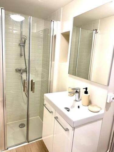 une salle de bain blanche avec un lavabo et une douche dans l'établissement T2 - lit XL, proche Part-Dieu, self check-in, à Villeurbanne