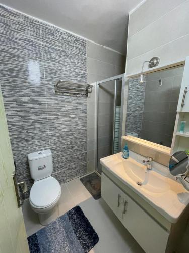 a bathroom with a toilet and a sink and a mirror at Classy Hostel in Madaba