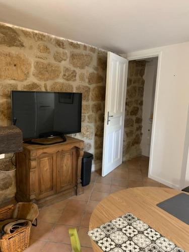 a living room with a flat screen tv on a stone wall at Studio ardéchois in Quintenas