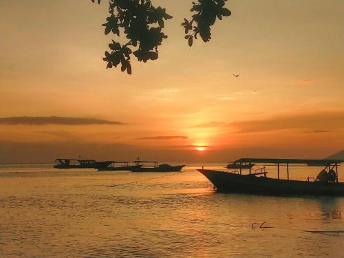 a group of boats in the water at sunset at Coco Divers & Homestay Bunaken in Manado