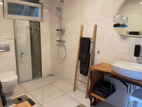 uma casa de banho com um chuveiro e um lavatório. em Ferienwohnung -Schwalbe em Attendorn