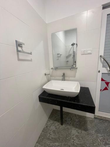 a white bathroom with a sink and a mirror at Hotel Eco Garden in Buttala