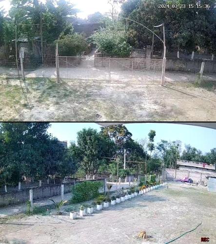zwei Bilder von einem eingezäunten Garten mit einem Zaun in der Unterkunft VEDIK GRAM in Begusarai