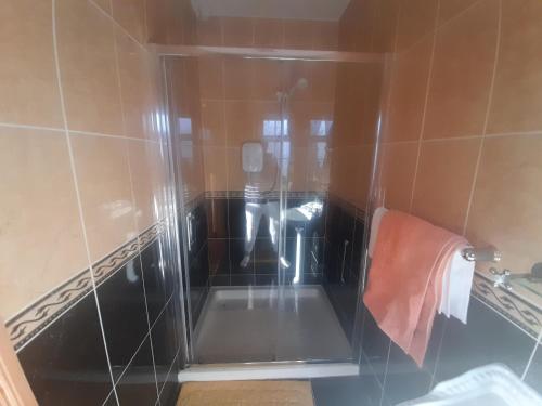 a bathroom with a shower with a toilet in it at Close to Lough Rynn Castle Mohill - Room Only in Mohill