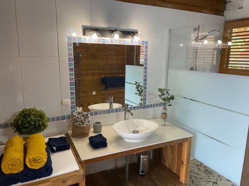 a bathroom with a sink and a mirror at Superbe villa face à la mer in Pointe-Noire