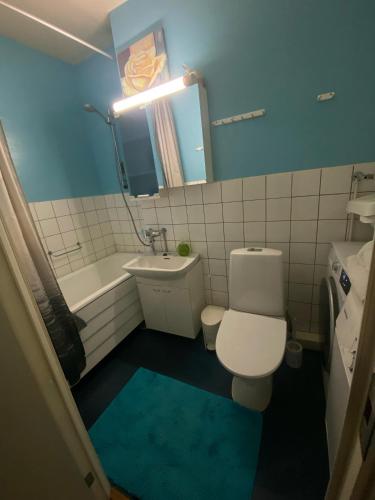 a bathroom with a toilet and a sink and a mirror at Cosy Big 2 room apartment in Helsinki