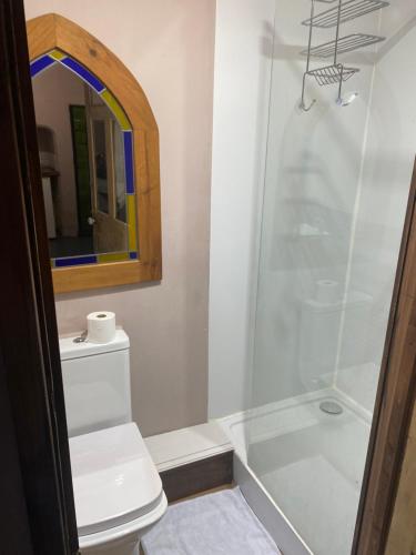 a bathroom with a shower and a toilet and a mirror at The Courtyard in Bath