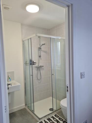 a bathroom with a shower and a toilet at Supreme Room in Thornaby on Tees