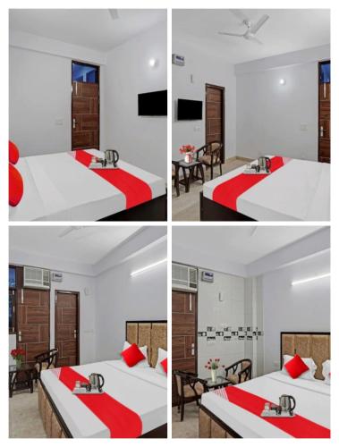 a hotel room with two beds and a table at Raj Residency Chhatarpur in New Delhi
