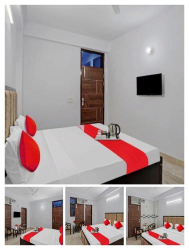 a bedroom with a red and white bed and a sink at Raj Residency Chhatarpur in New Delhi