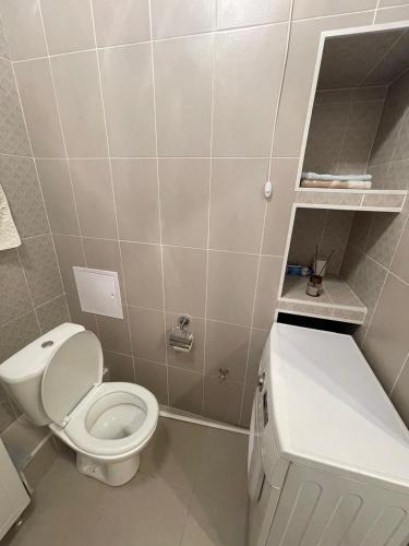 ein kleines Bad mit WC und Waschbecken in der Unterkunft Korkem tower in Taldykolʼ